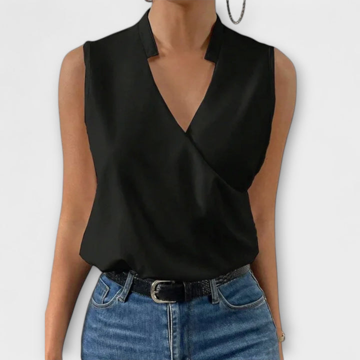 Celestine | Women's Sleeveless Blouse with Satin Surplice Wrap Design