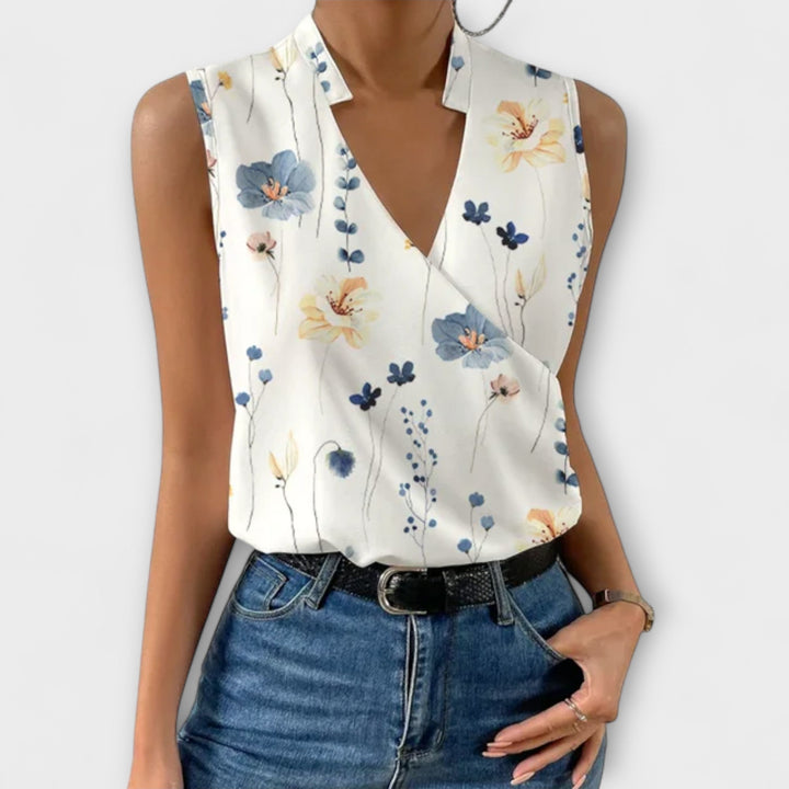 Celestine | Women's Sleeveless Blouse with Satin Surplice Wrap Design
