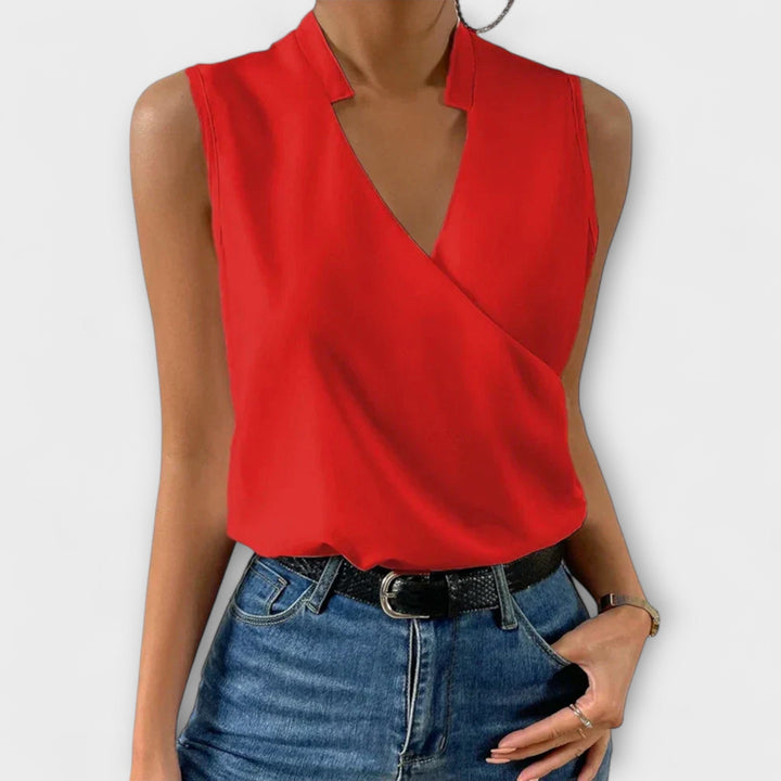 Celestine | Women's Sleeveless Blouse with Satin Surplice Wrap Design