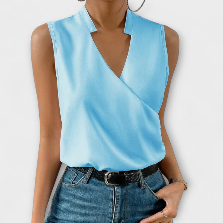 Celestine | Women's Sleeveless Blouse with Satin Surplice Wrap Design