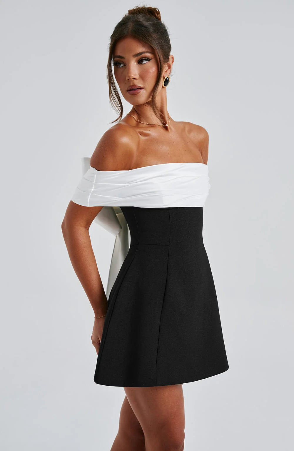 Women's Off Shoulder Fit and Flare Mini Dress Colorblock Pleated Skirt Cocktail