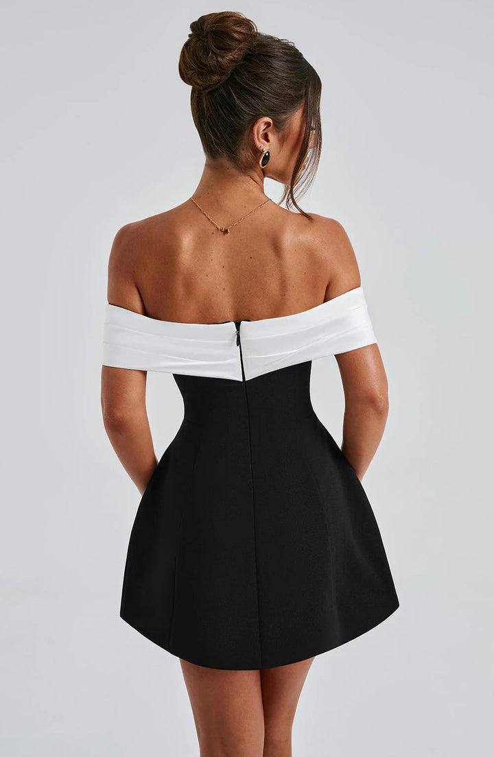 Women's Off Shoulder Fit and Flare Mini Dress Colorblock Pleated Skirt Cocktail