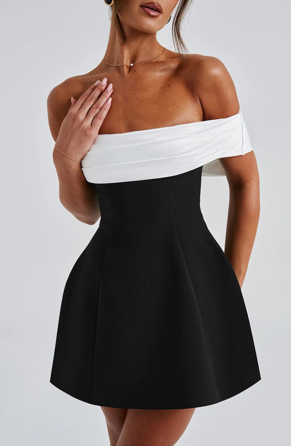 Women's Off Shoulder Fit and Flare Mini Dress Colorblock Pleated Skirt Cocktail