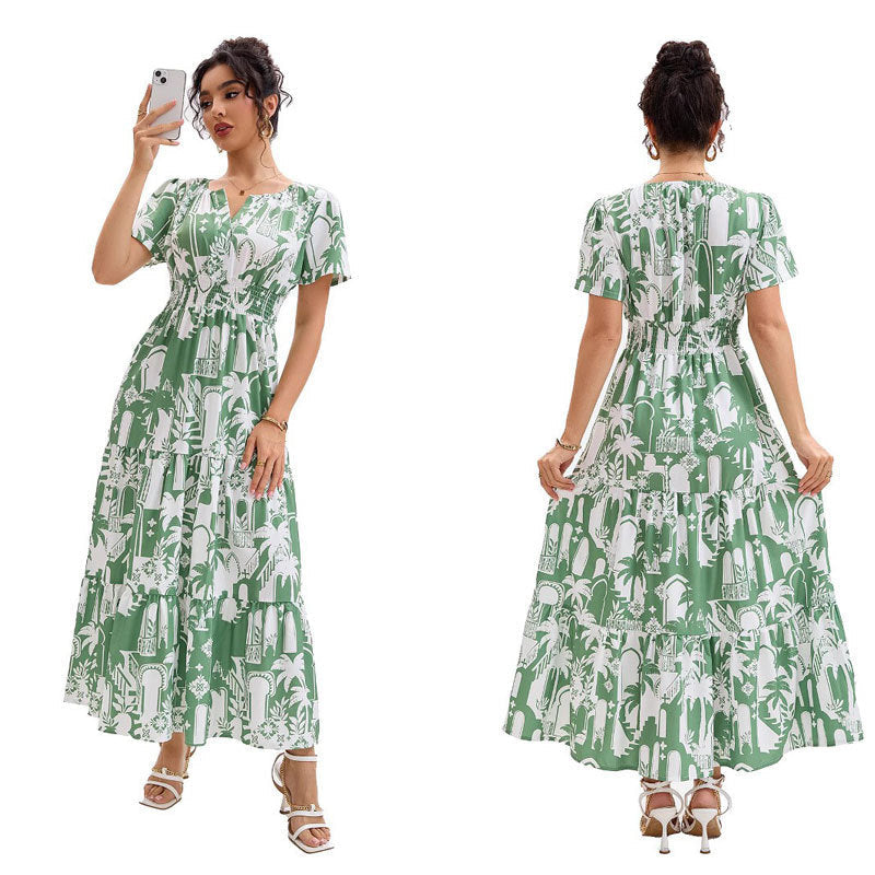 Riviera | Tropical Arch Print Smocked Waist Tiered Boho Dress