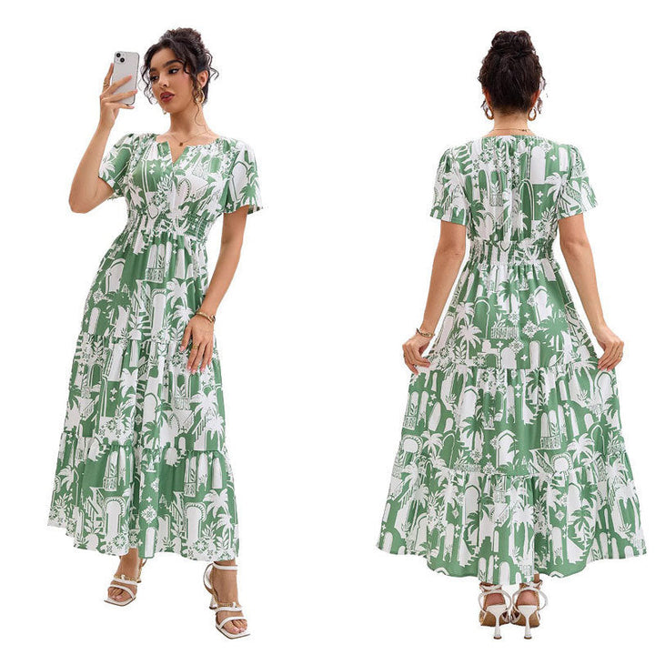 Riviera | Tropical Arch Print Smocked Waist Tiered Boho Dress