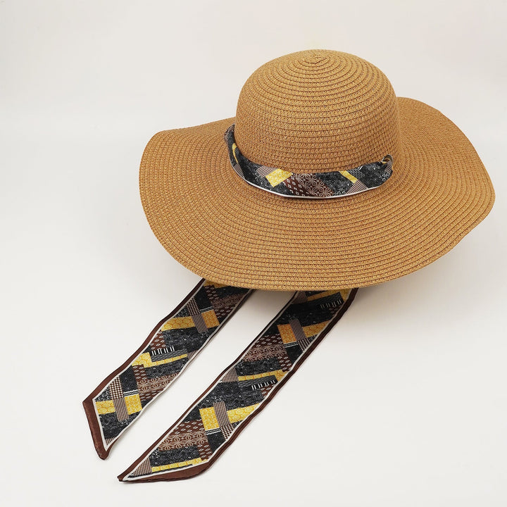 Rosalie | Women's Wide Brim Crochet Hat with Printed Scarf Tie Detail