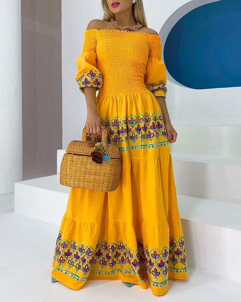 Paloma | Off Shoulder Smocked Embroidered Boho Dress with Tiered Skirt