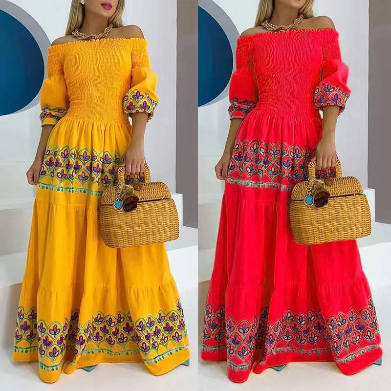 Paloma | Off Shoulder Smocked Embroidered Boho Dress with Tiered Skirt