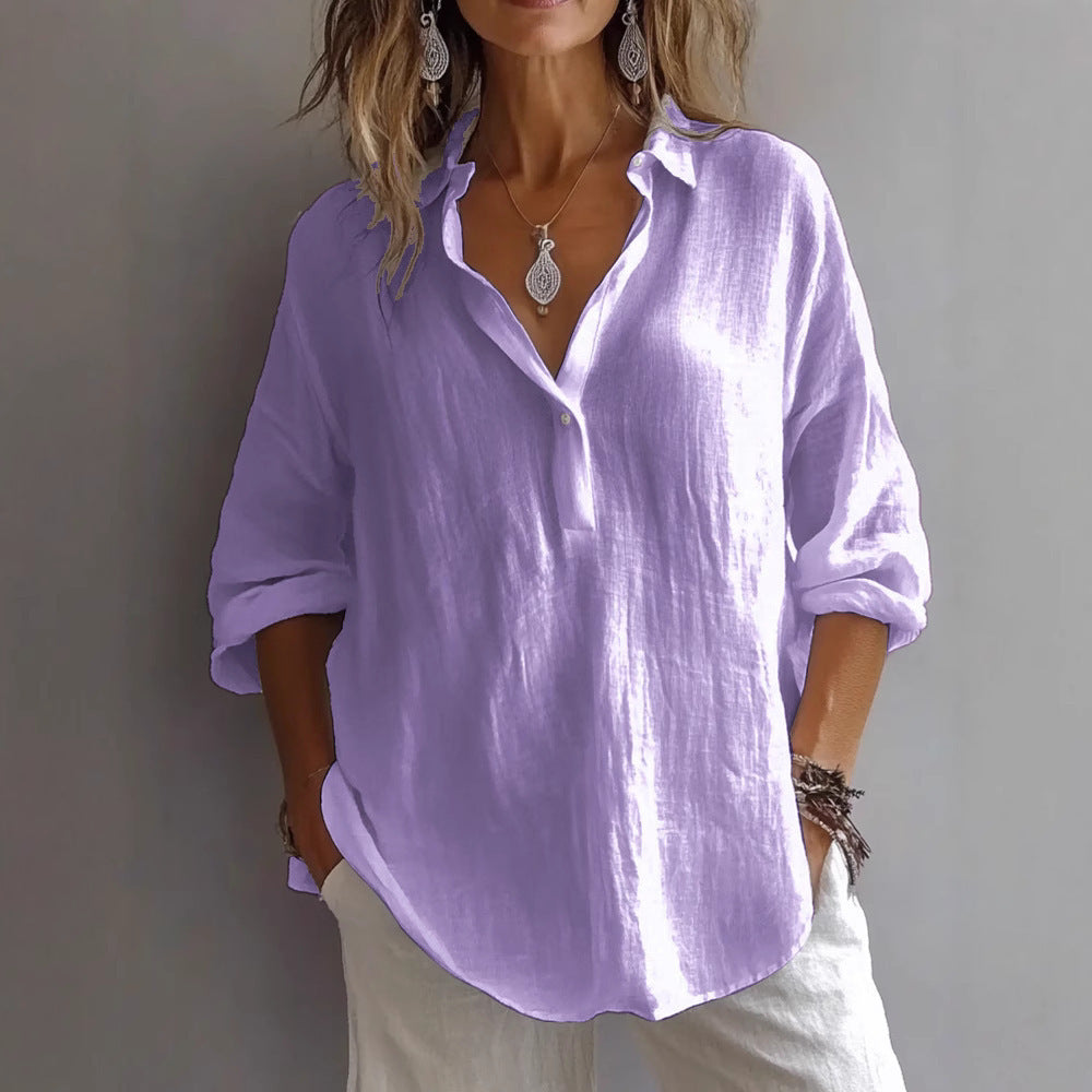 Aurore | Collared V-Neck Longline Linen Blouse