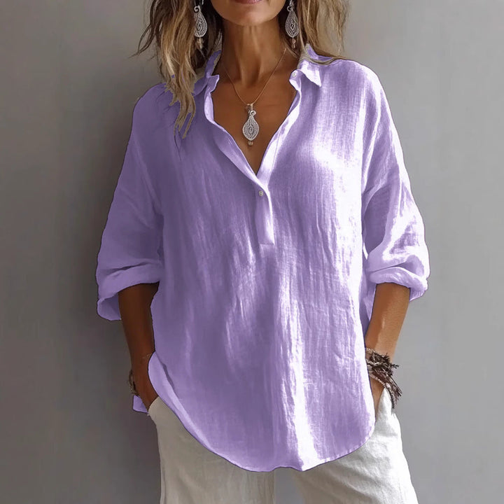 Aurore | Collared V-Neck Longline Linen Blouse