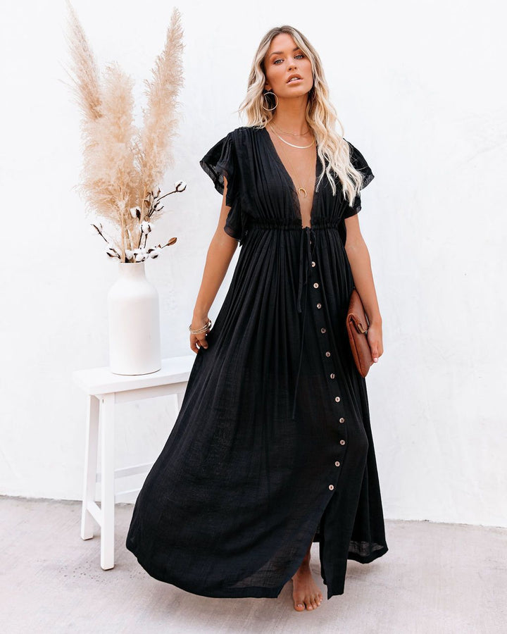 Midnight | Deep V Button Front Flutter Sleeve Boho Dress with Tie Waist