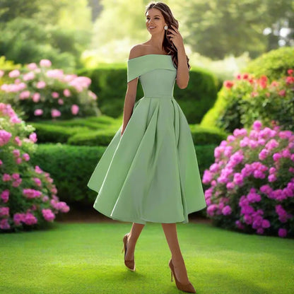 Camille | Pleated Bardot A-Line Off Shoulder Dress