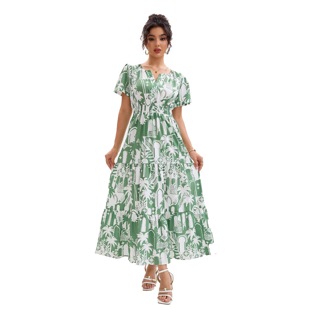 Riviera | Tropical Arch Print Smocked Waist Tiered Boho Dress