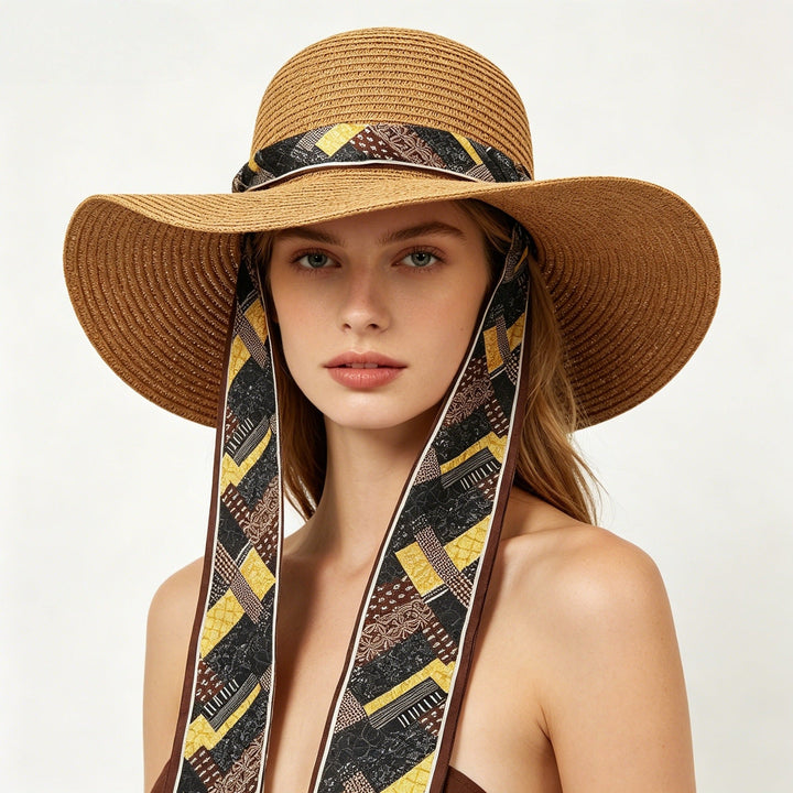 Rosalie | Women's Wide Brim Crochet Hat with Printed Scarf Tie Detail
