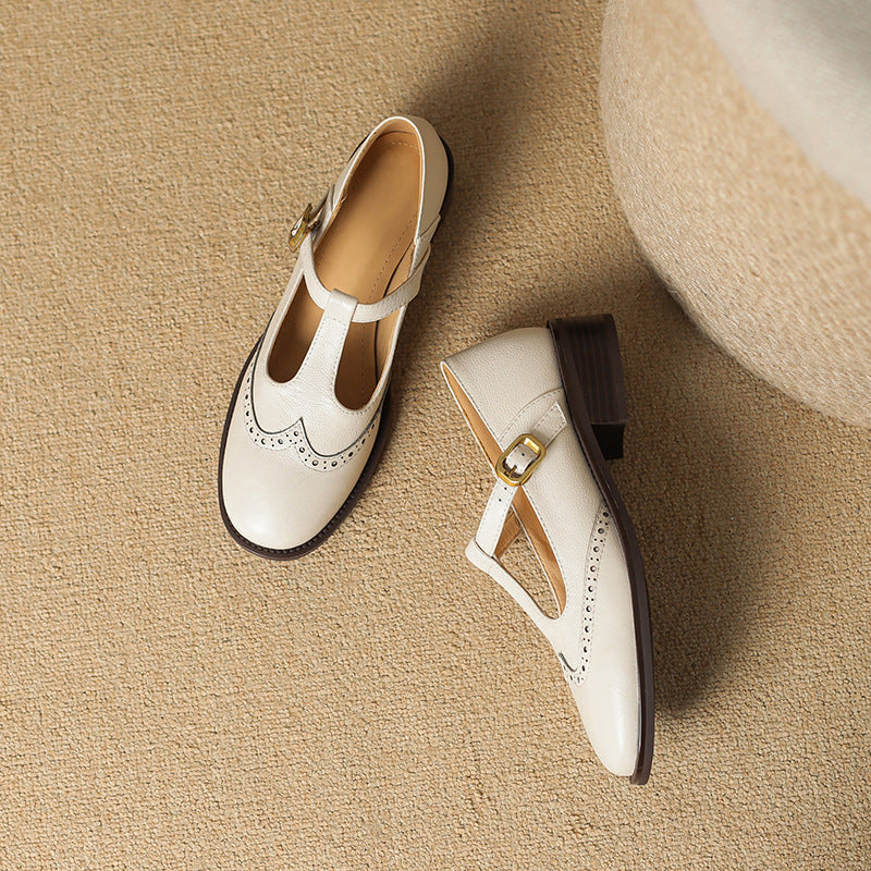 Cora | Brogue T-Bar Low Heel Mary Jane Flats