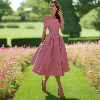 Camille | Pleated Bardot A-Line Off Shoulder Dress