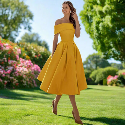 Camille | Pleated Bardot A-Line Off Shoulder Dress
