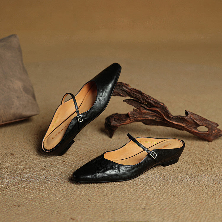 Siena | Handmade Pointed Toe Ankle Strap Orthopedic Flats in Leather