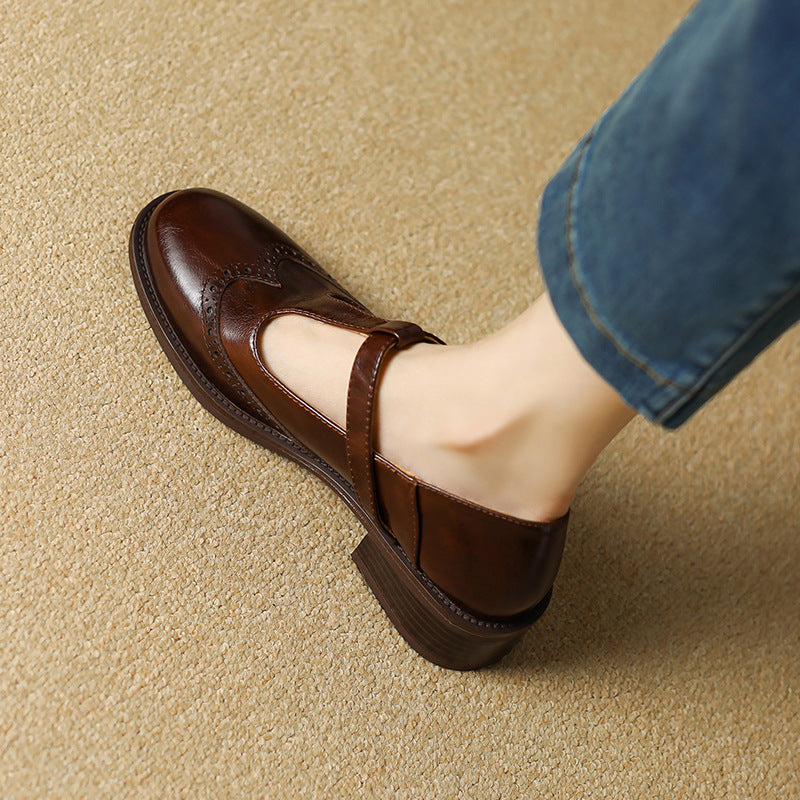 Cora | Brogue T-Bar Low Heel Mary Jane Flats
