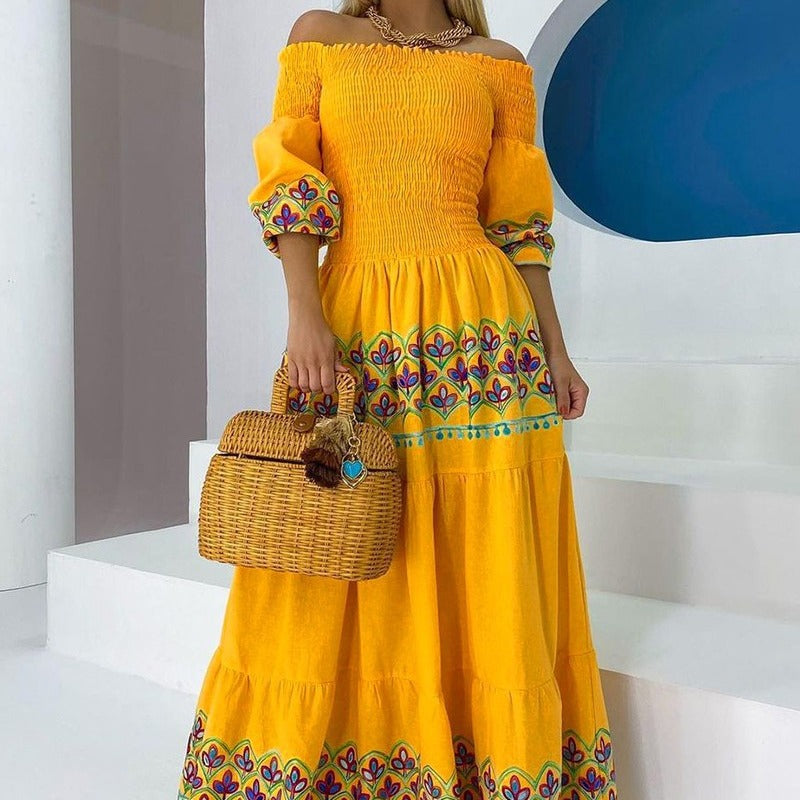 Paloma | Off Shoulder Smocked Embroidered Boho Dress with Tiered Skirt