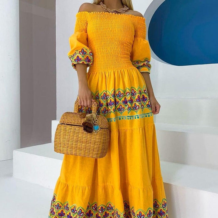 Paloma | Off Shoulder Smocked Embroidered Boho Dress with Tiered Skirt