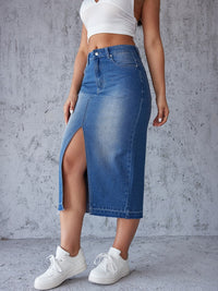 Josephine | Women's Maxi Skirt – Denim Side Slit Fringe Hem Design