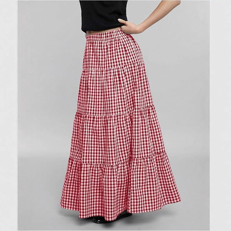 Beatrix | Women's Maxi Skirt – Checkered Print Elastic Waist Design