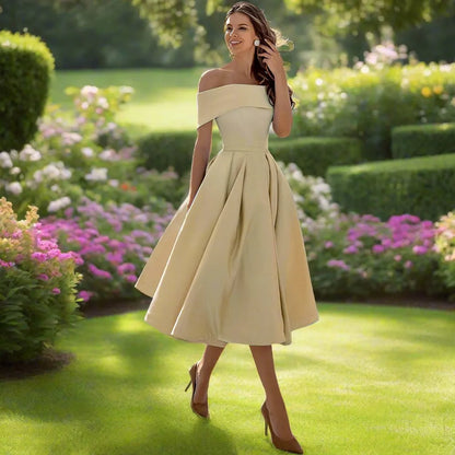 Camille | Pleated Bardot A-Line Off Shoulder Dress