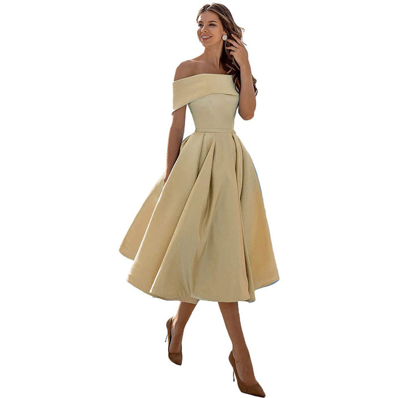 Audrey | Pleated Fold-Over Bardot Off Shoulder Dress