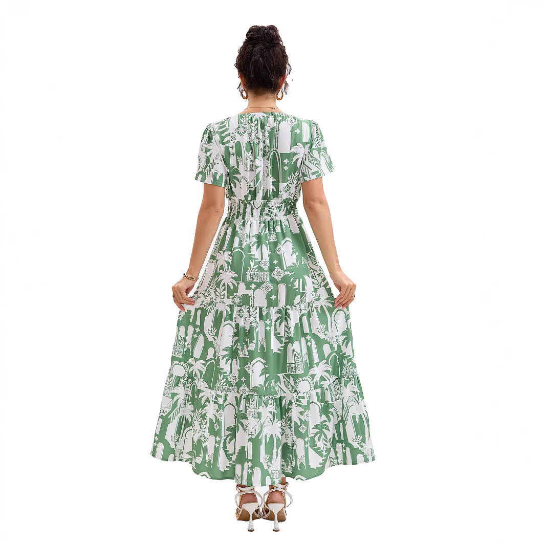Riviera | Tropical Arch Print Smocked Waist Tiered Boho Dress