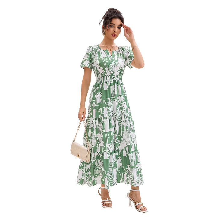 Riviera | Tropical Arch Print Smocked Waist Tiered Boho Dress
