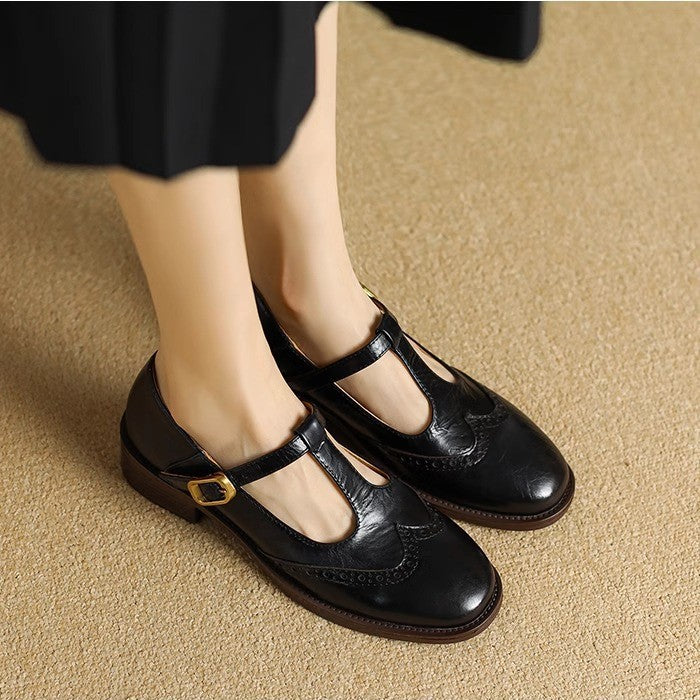 Cora | Brogue T-Bar Low Heel Mary Jane Flats