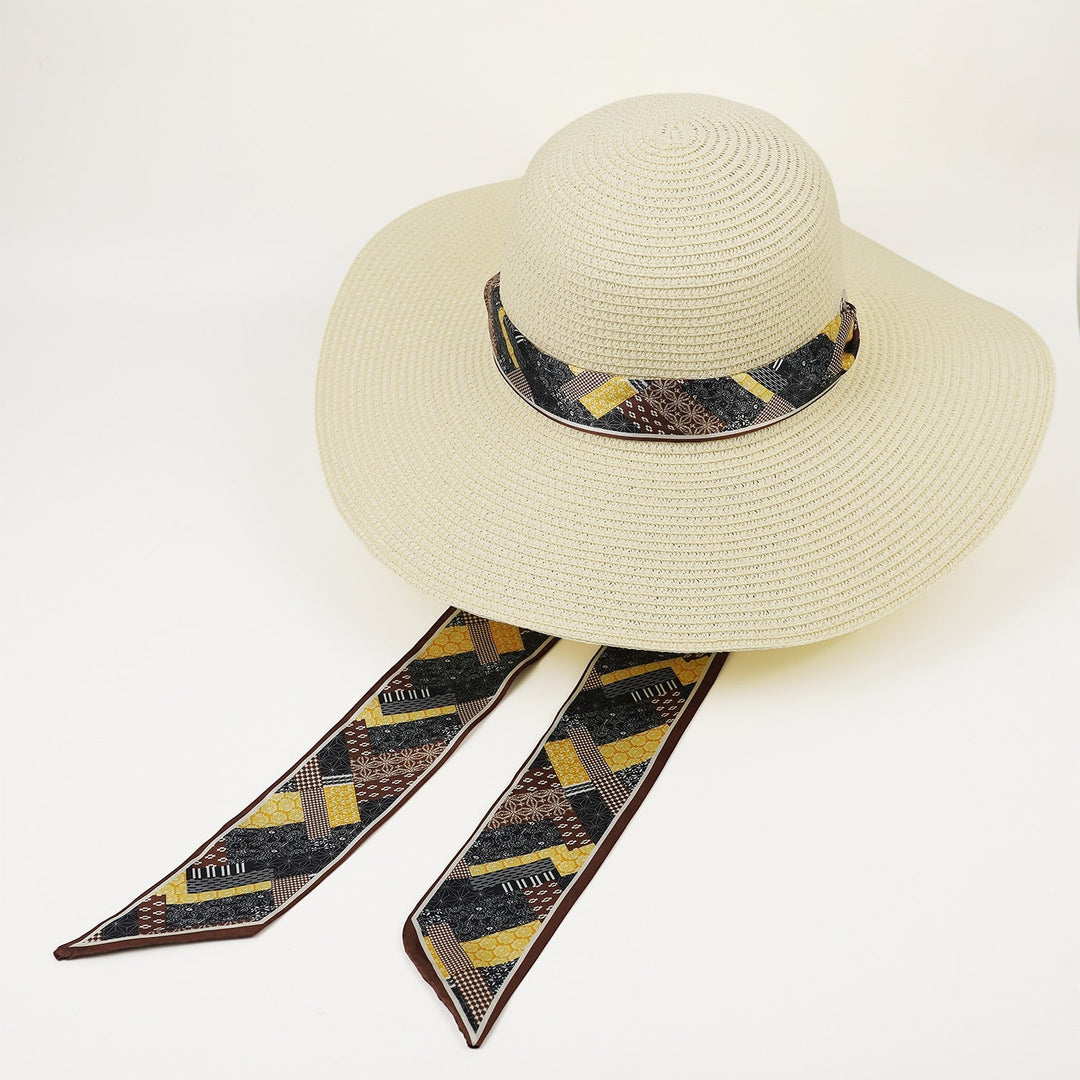Rosalie | Women's Wide Brim Crochet Hat with Printed Scarf Tie Detail