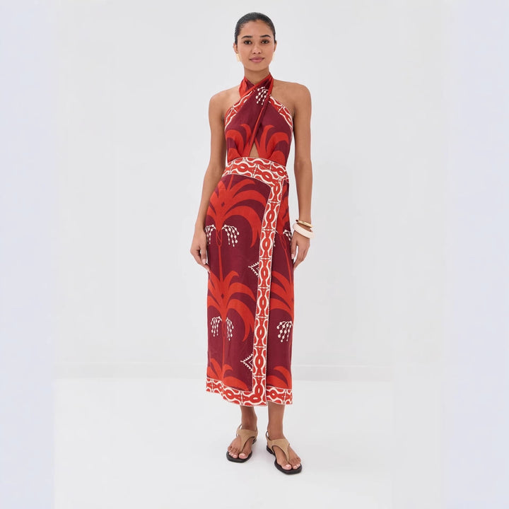 Kaimana | Tropical Print Cut Out Crossover Halter Boho Dress