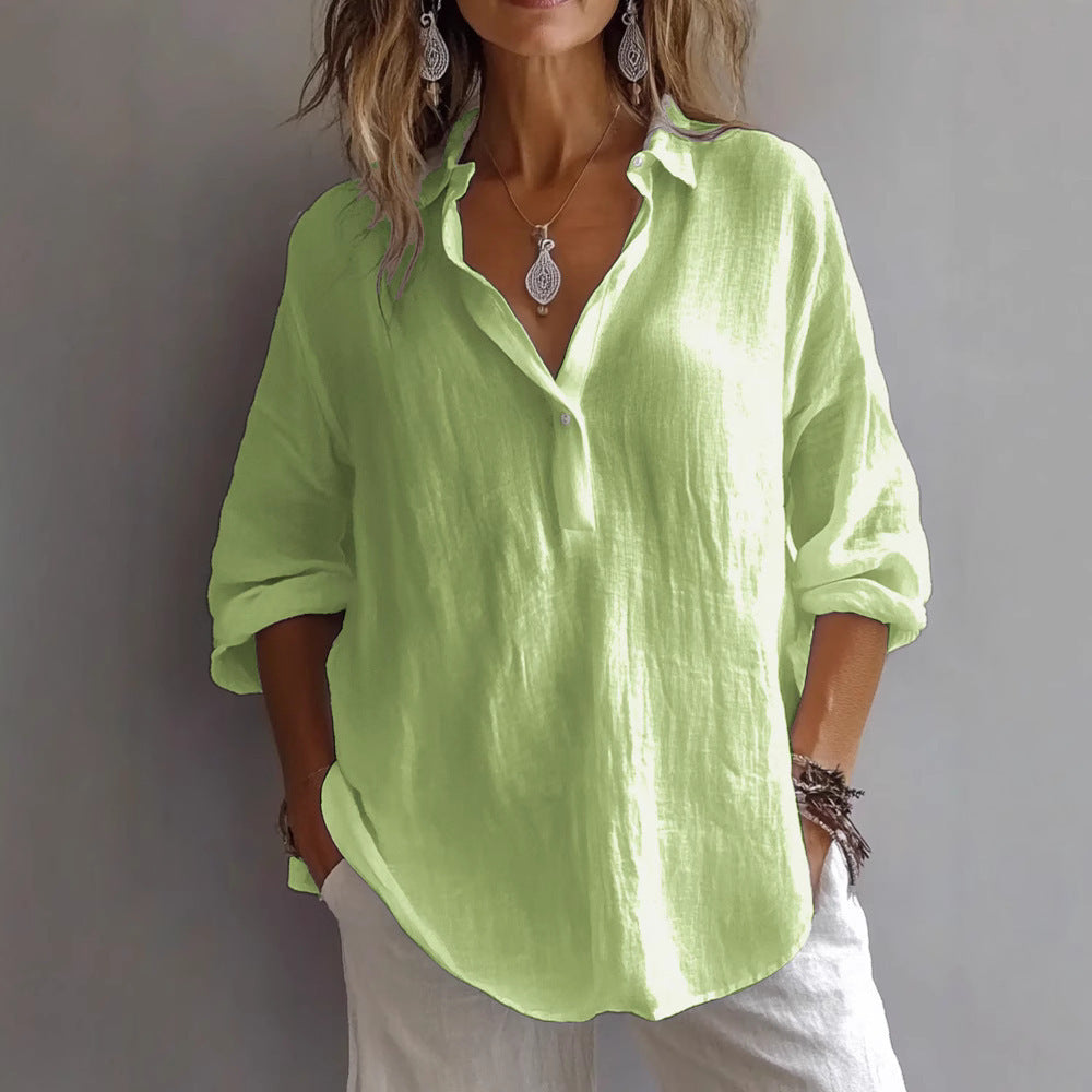Aurore | Collared V-Neck Longline Linen Blouse