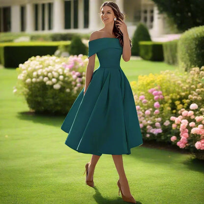 Camille | Pleated Bardot A-Line Off Shoulder Dress