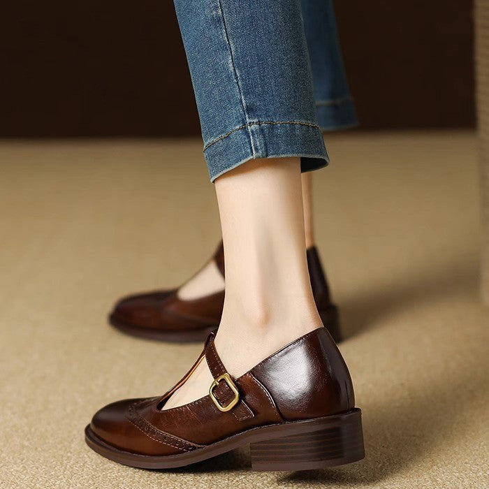 Cora | Brogue T-Bar Low Heel Mary Jane Flats