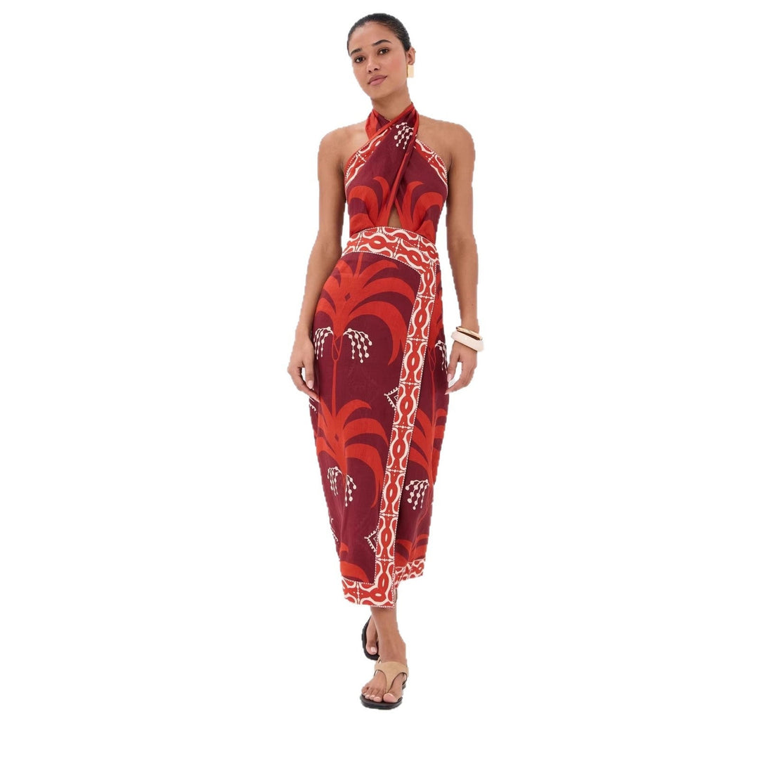 Kaimana | Tropical Print Cut Out Crossover Halter Boho Dress