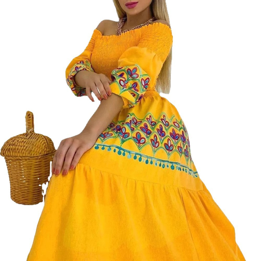 Paloma | Off Shoulder Smocked Embroidered Boho Dress with Tiered Skirt