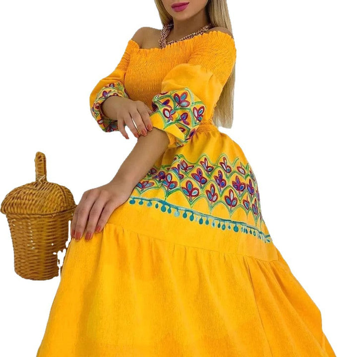 Paloma | Off Shoulder Smocked Embroidered Boho Dress with Tiered Skirt