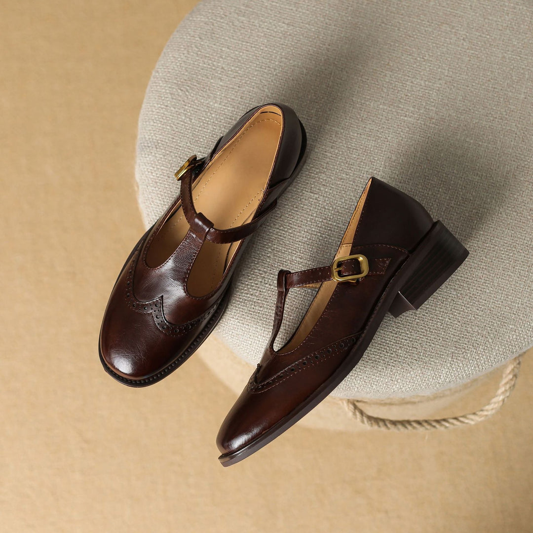 Cora | Brogue T-Bar Low Heel Mary Jane Flats