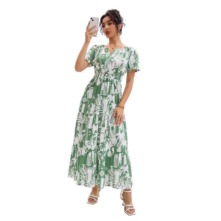 Riviera | Tropical Arch Print Smocked Waist Tiered Boho Dress