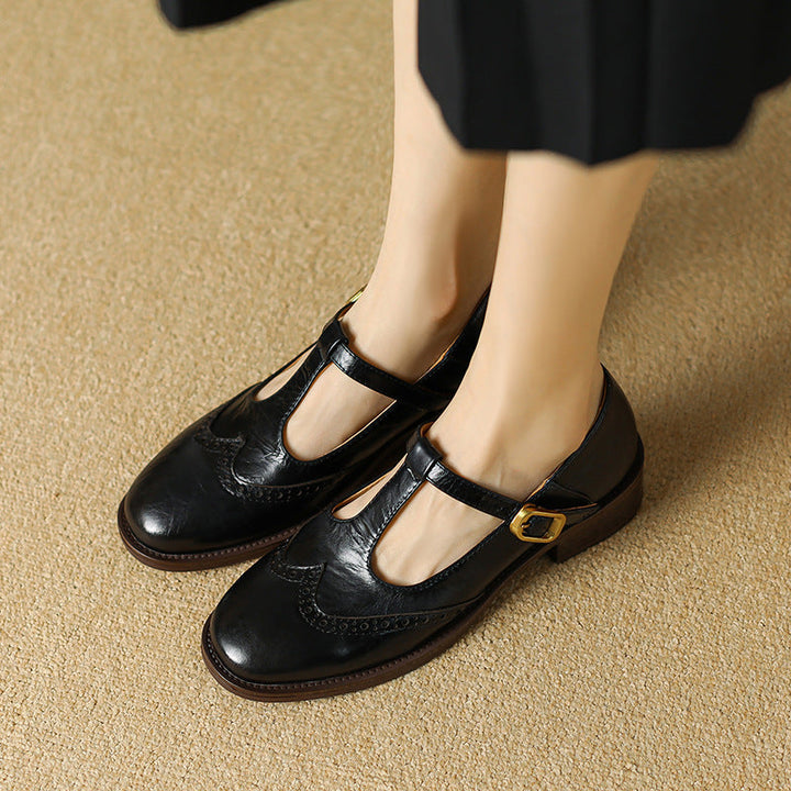 Cora | Brogue T-Bar Low Heel Mary Jane Flats