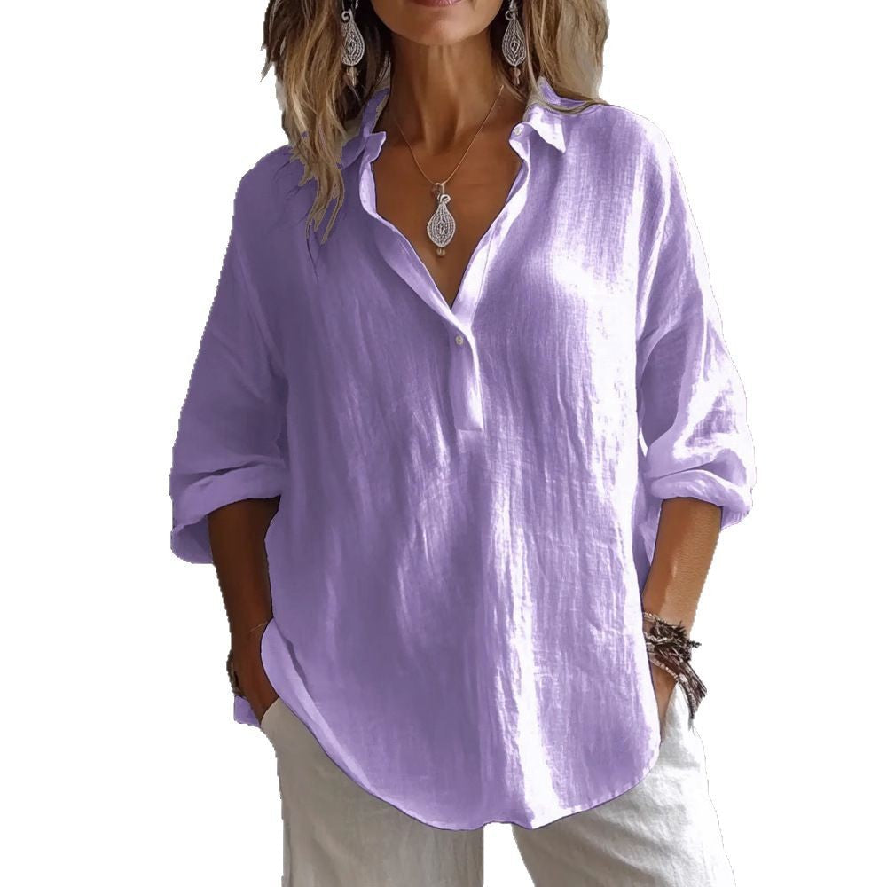 Aurore | Collared V-Neck Longline Linen Blouse