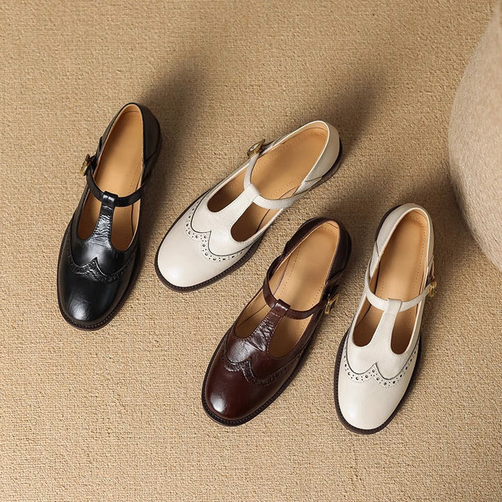 Cora | Brogue T-Bar Low Heel Mary Jane Flats