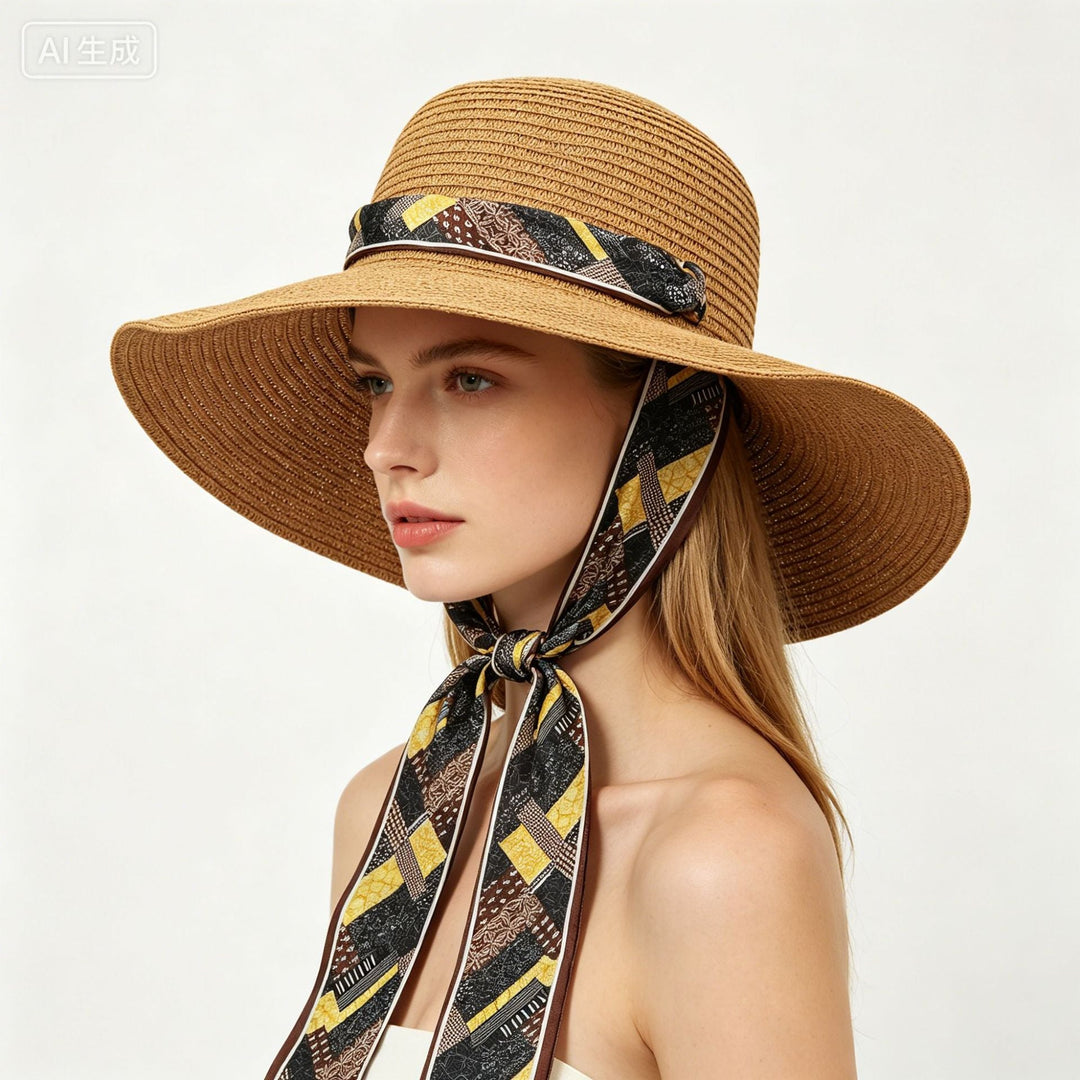 Rosalie | Women's Wide Brim Crochet Hat with Printed Scarf Tie Detail