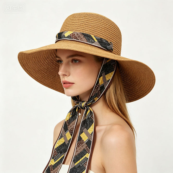 Rosalie | Women's Wide Brim Crochet Hat with Printed Scarf Tie Detail