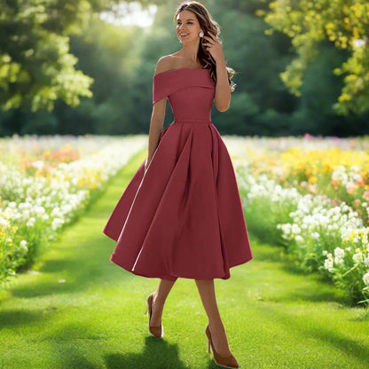 Camille | Pleated Bardot A-Line Off Shoulder Dress