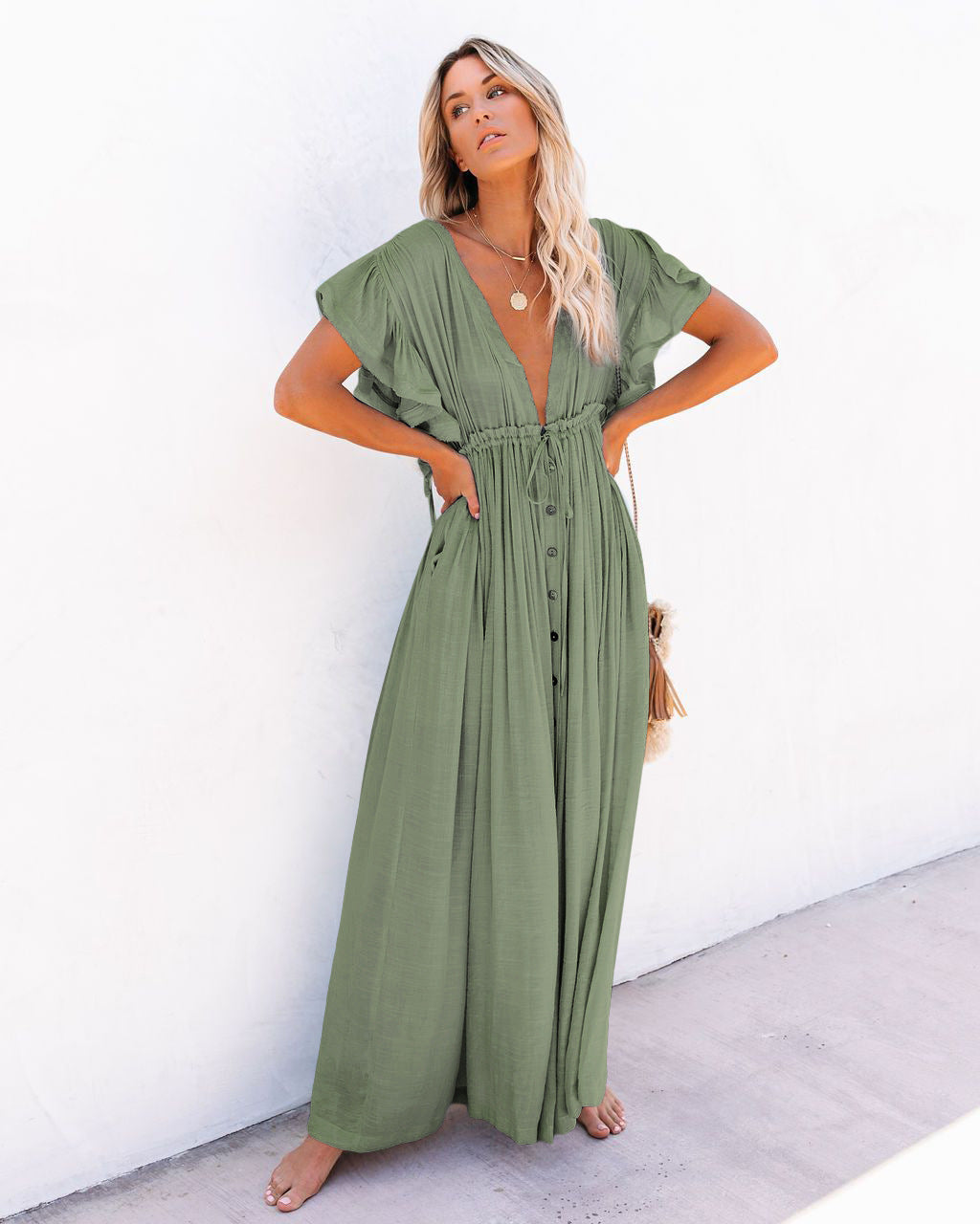 Midnight | Deep V Button Front Flutter Sleeve Boho Dress with Tie Waist