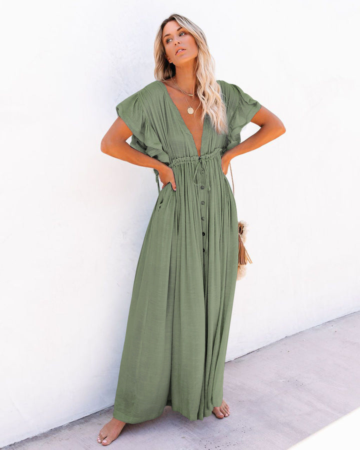 Midnight | Deep V Button Front Flutter Sleeve Boho Dress with Tie Waist